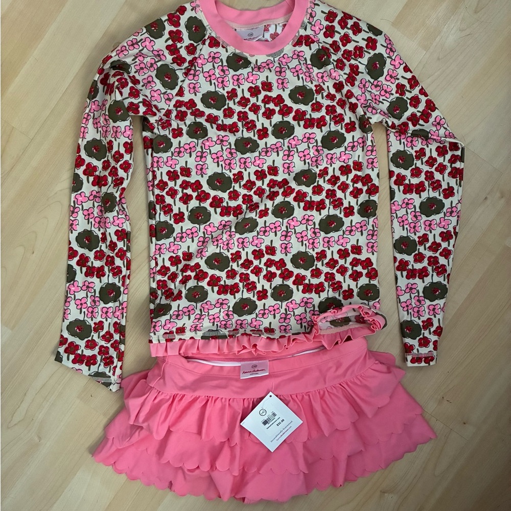 Floral Long Sleeve Rashquard and Pink Ruffle Swim Skirt Set 140 10-12